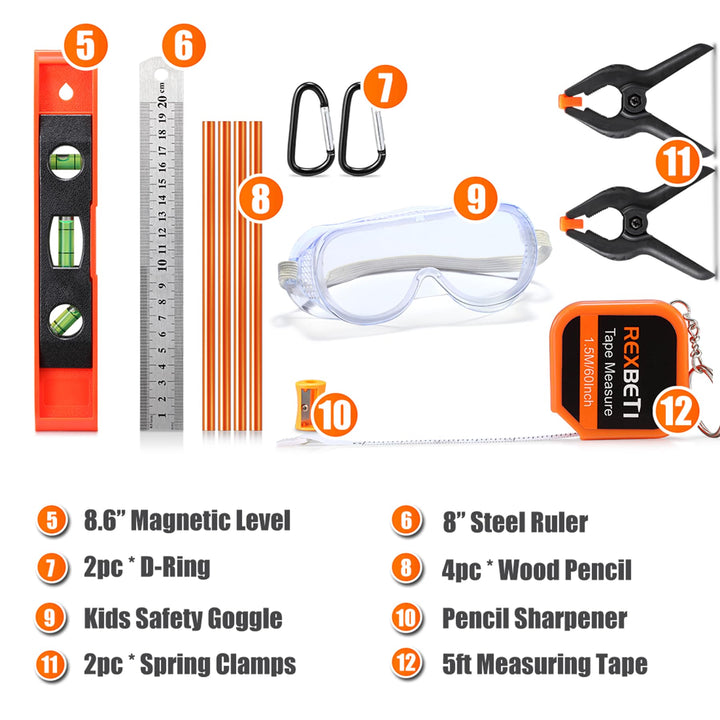 REXBETI 18pcs Young Builder&#39;s Tool Set with Rea