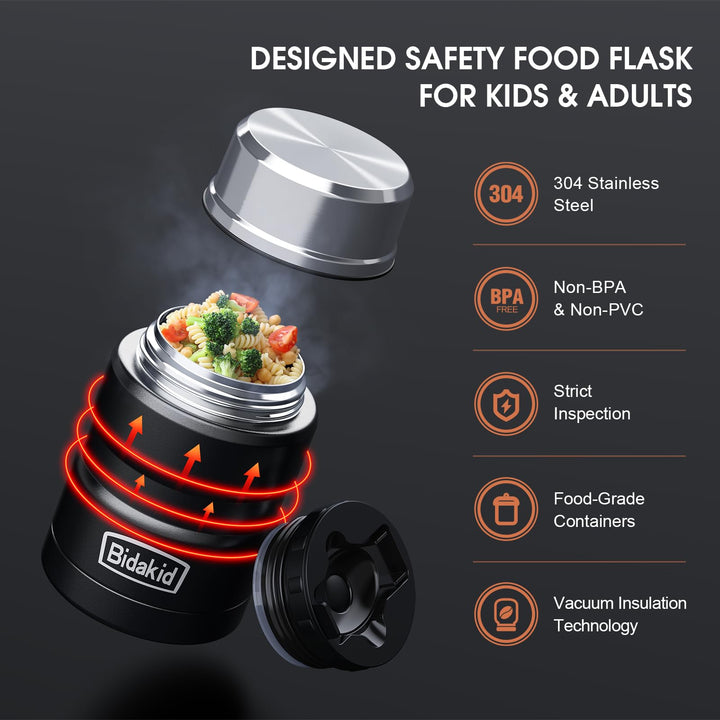 Containers for Hot Food, 2 Pack insulated food jar for hot, soup vessels, Lunch box containers for hot cold food with carry bag and Folding Spoon