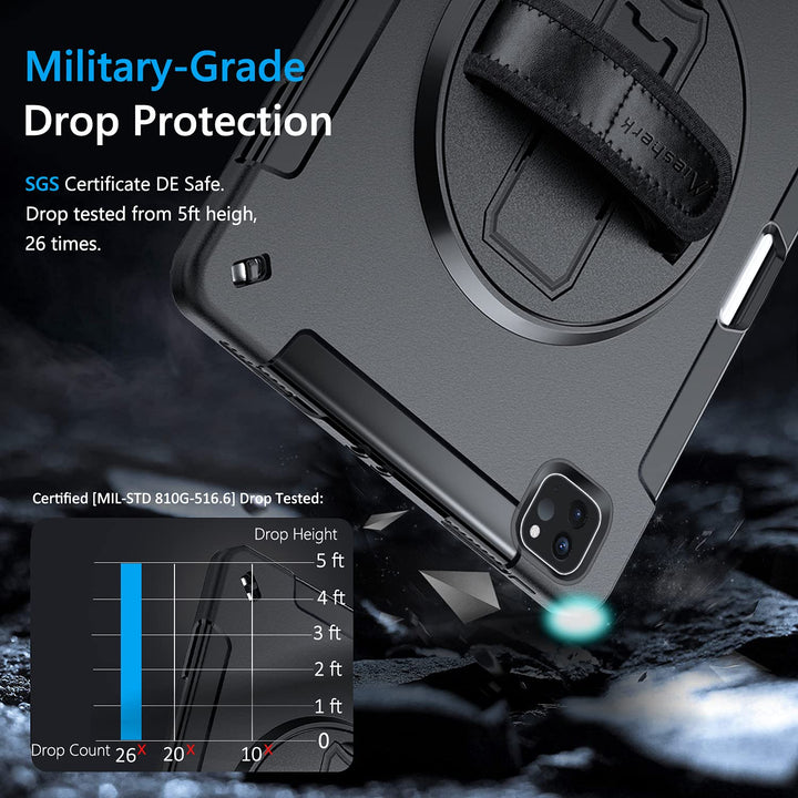 Case for iPad Pro 12.9 Inch 6th/5th/4th Generation, Military Grade Heavy Duty Shockproof iPad Pro 12.9 Case - Rotating Stand, Pencil Holder, Hand/Shoulder Strap, Black
