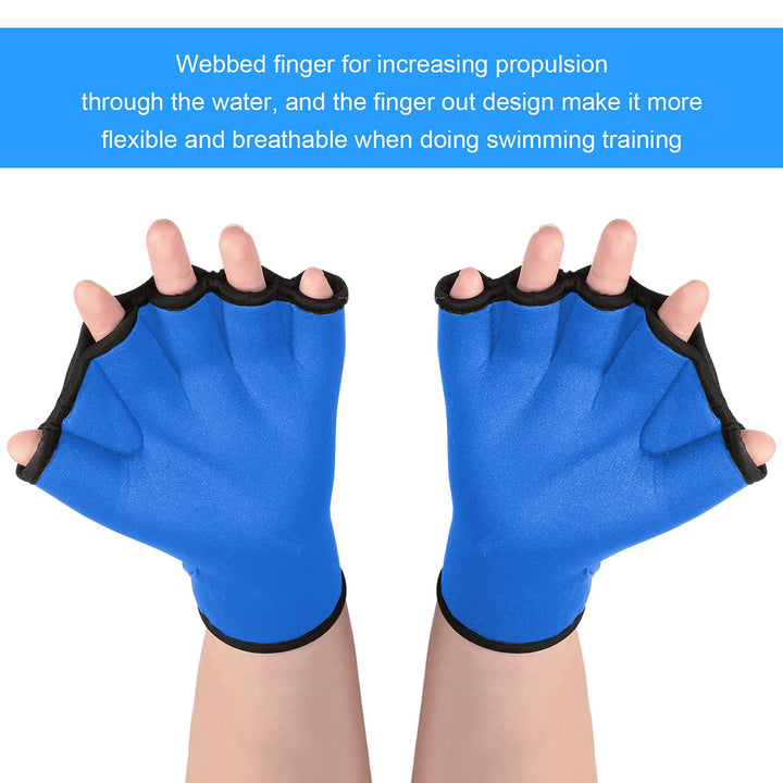 2 Pairs Swimming Gloves Aquatic Swim Training Gloves Neoprene Gloves Webbed Fitness Water Resistance Training Gloves for Swimming Diving with Wrist Strap (Blue,Large)