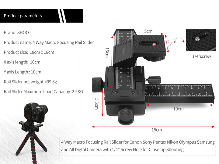 D&amp;F 4 Way Fousing Rail Slider Aluminum Macro Close-Up Stand for Canon Nikon Sony Pentax Olympus and Other DSLR Camera and DC with Standard 1/4 Screw Thread