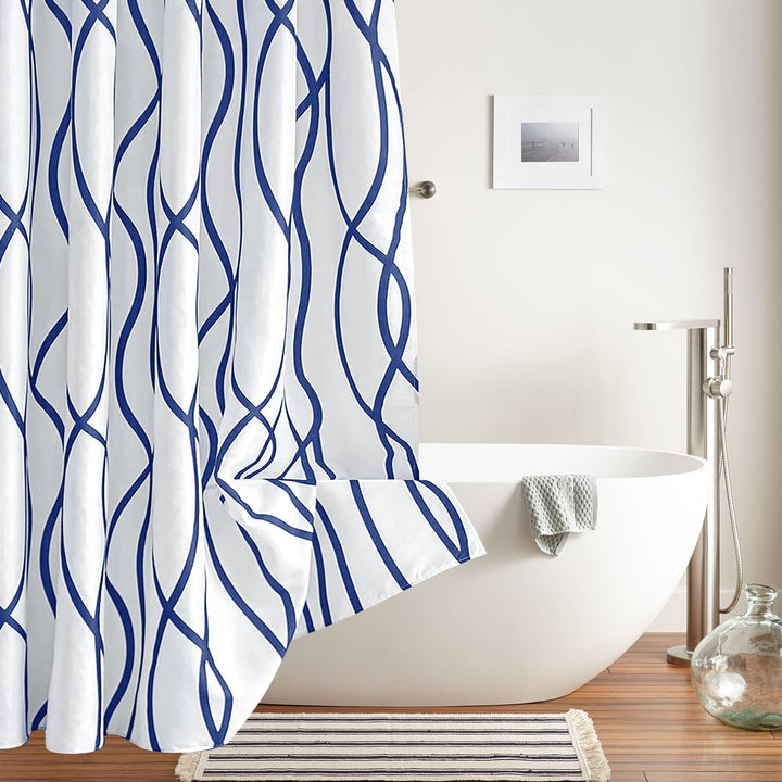Extra Long Textured Fabric Shower Curtain 72 W x 84 L, Navy Striped Printed Linen Modern Hotel Luxury Quality Cloth Bathroom Curtains Machine Washable