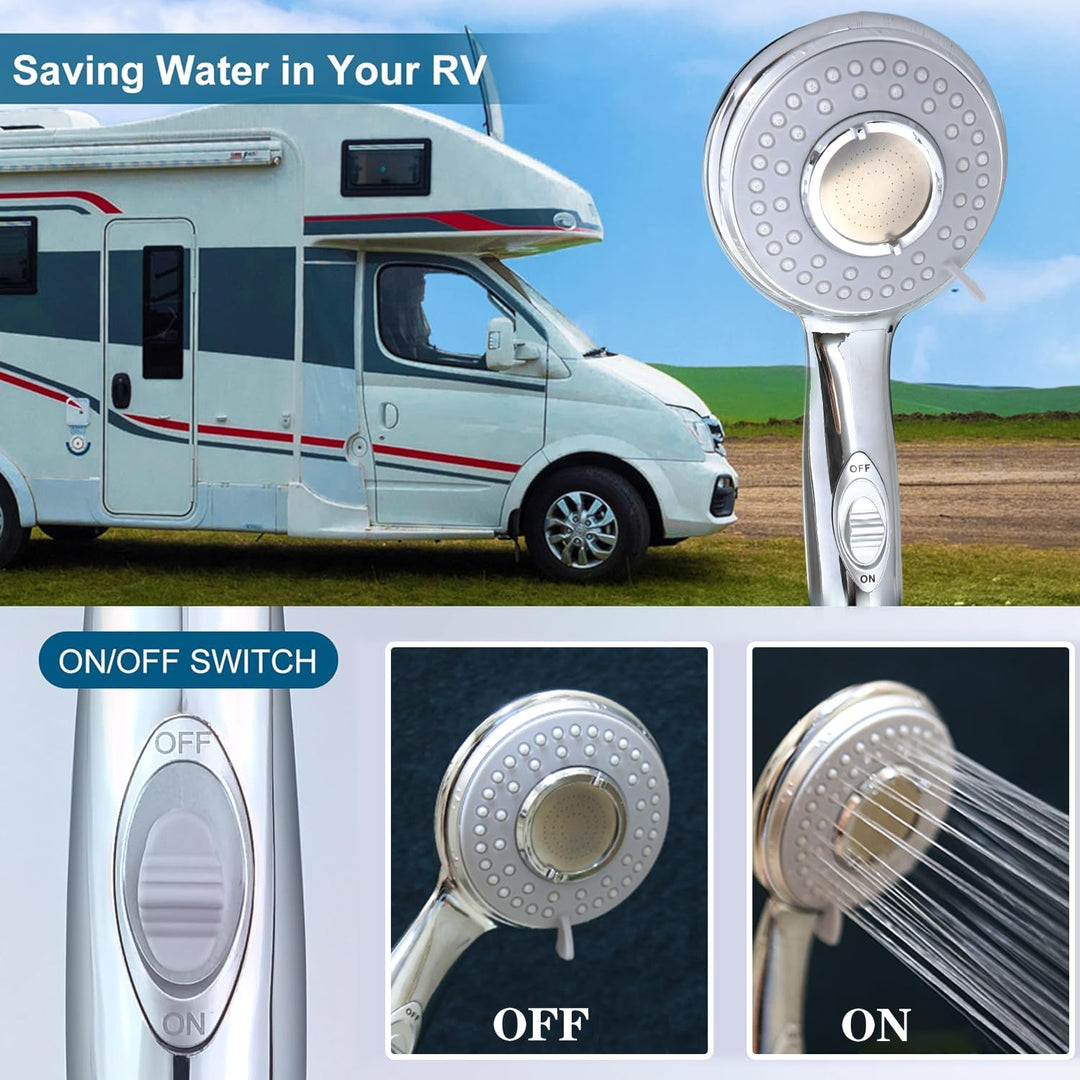RV Shower Head with Hose and on off switch - High pressure shower head replacement for Bath roomRVMotor homeBoatTravel Trailer and Camper - with Stainless Steel 60&#39;&#39; Hose and bracket