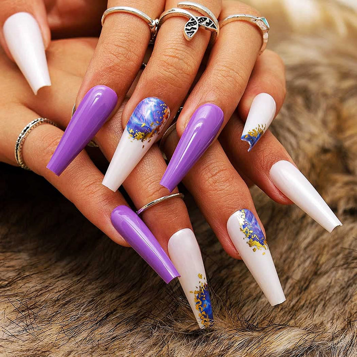 Glossy Extra Long Press on Nails Rainbow Square Coffin Fake Nails Watercolor Geometric Art Acrylic False Nails Tips for Women and Girls (Purple)