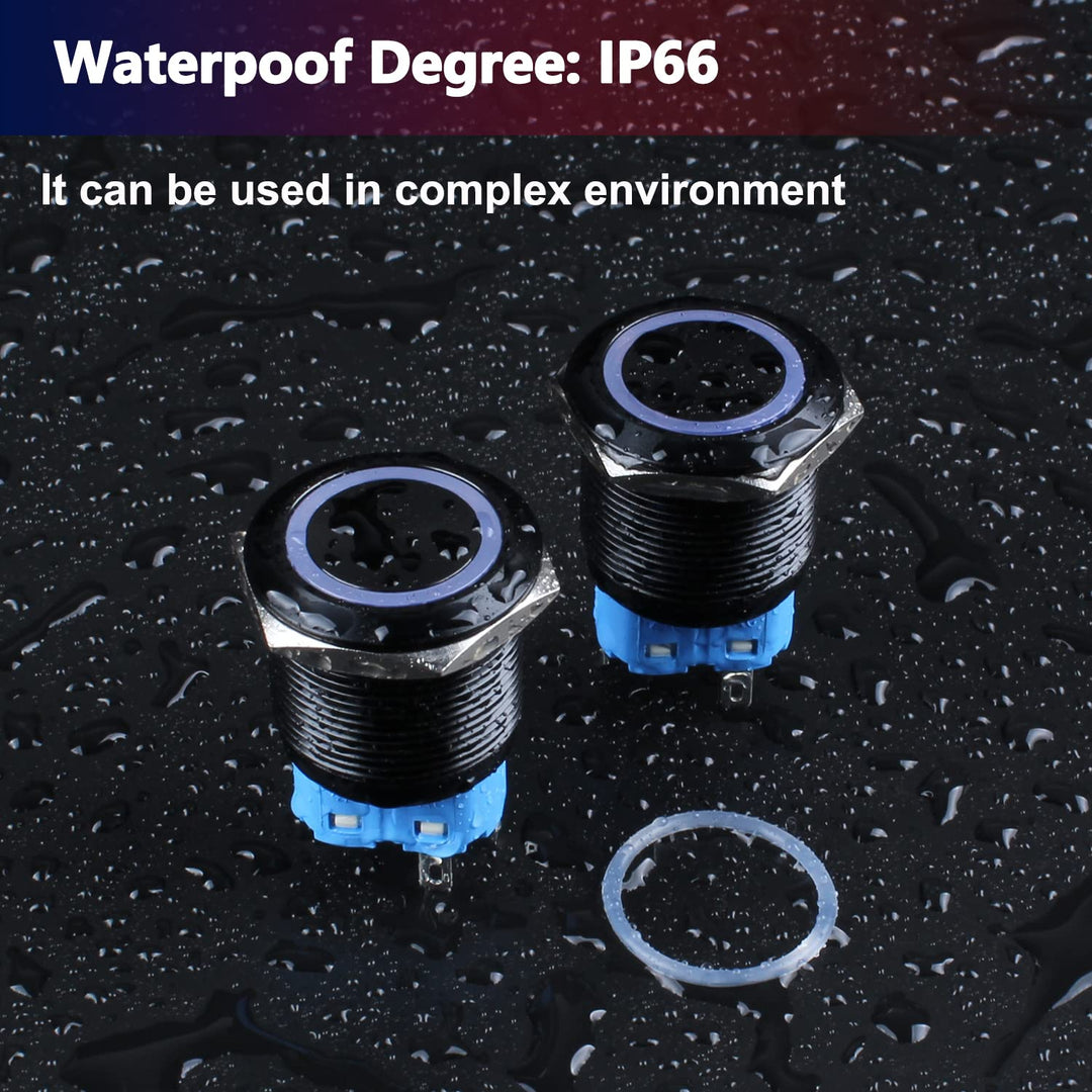 2PCS 22mm Metal Latching Push Button Switch Waterproof Anti-Vandal Black Shell with Pre-Wired Socket for 7/8 Mounting Hole 12V-24V ON Off 1NO 1NC Halo Ring Red LED