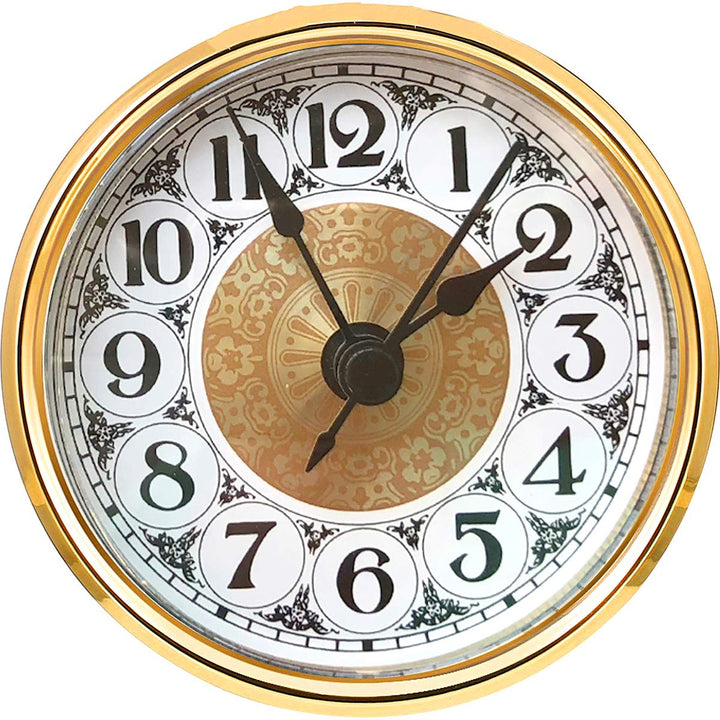 Mini Quartz Clock Insert 2.8 Inch (70 mm) Round Quartz Movement Miniature Clock White Dial Gold Trim Arabic Numerals, Fit 2.4 Inch (61 mm) Diameter Hole