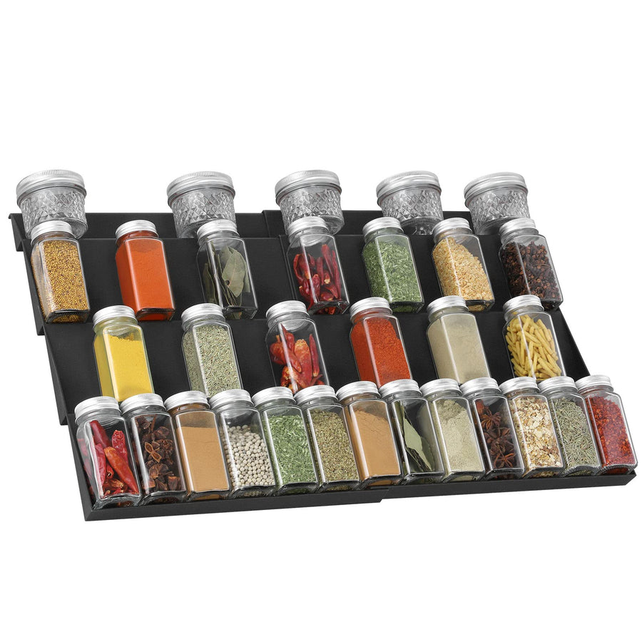 e Drawer Organizer, 4 Tier Spice Rack Organizer for Cabinet Drawer, 2 Pack Expandable Seasoning Organizer Insert from 12 to 24, Drawer Spice Rack Tray for Cabinet/Countertop (Black)