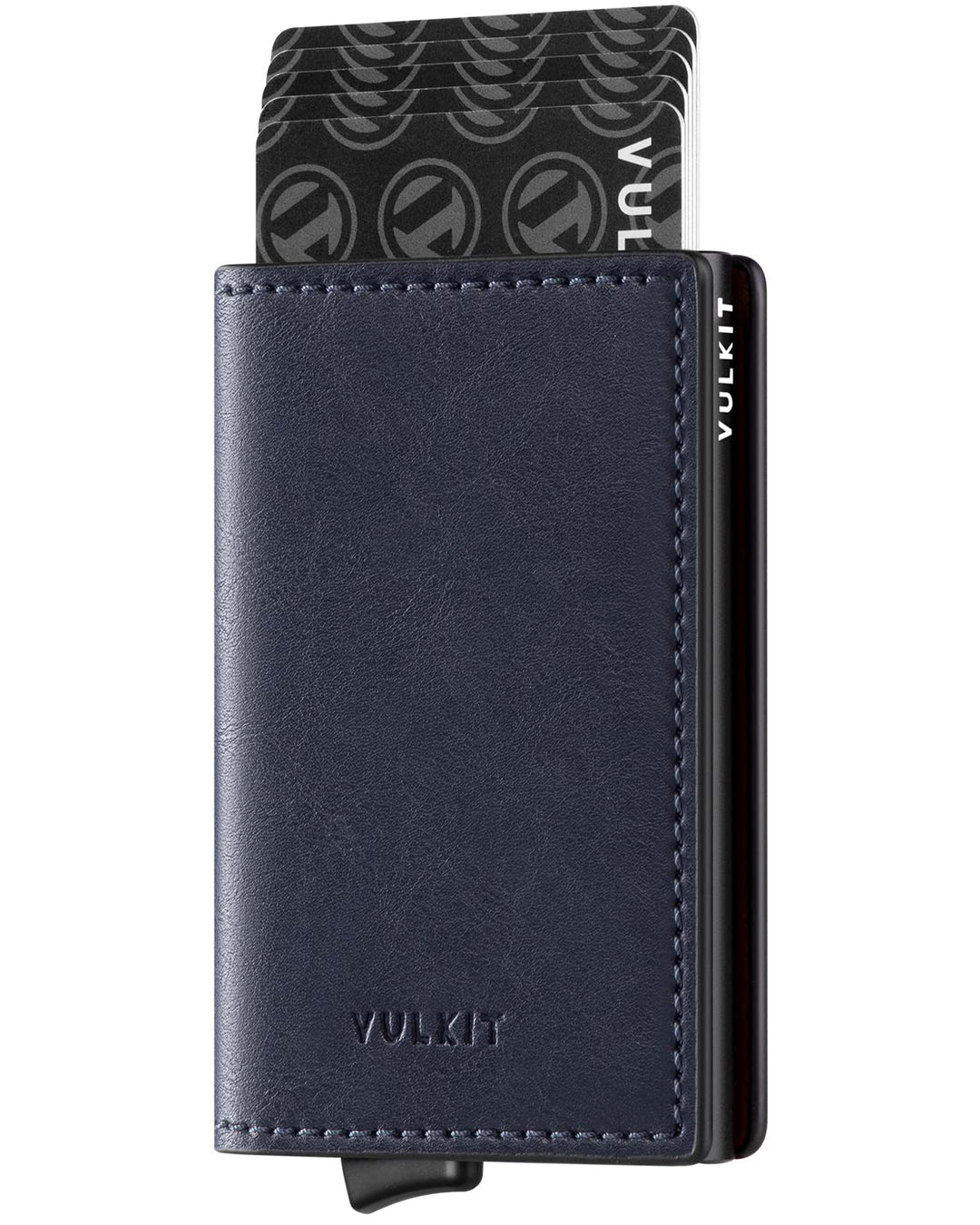 Credit Card Holder RFID Blocking Leather Automatic Pop Up Wallet Aluminum Slim Pocket Business Card Case Vintage Navy