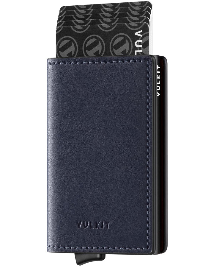Credit Card Holder RFID Blocking Leather Automatic Pop Up Wallet Aluminum Slim Pocket Business Card Case Vintage Navy