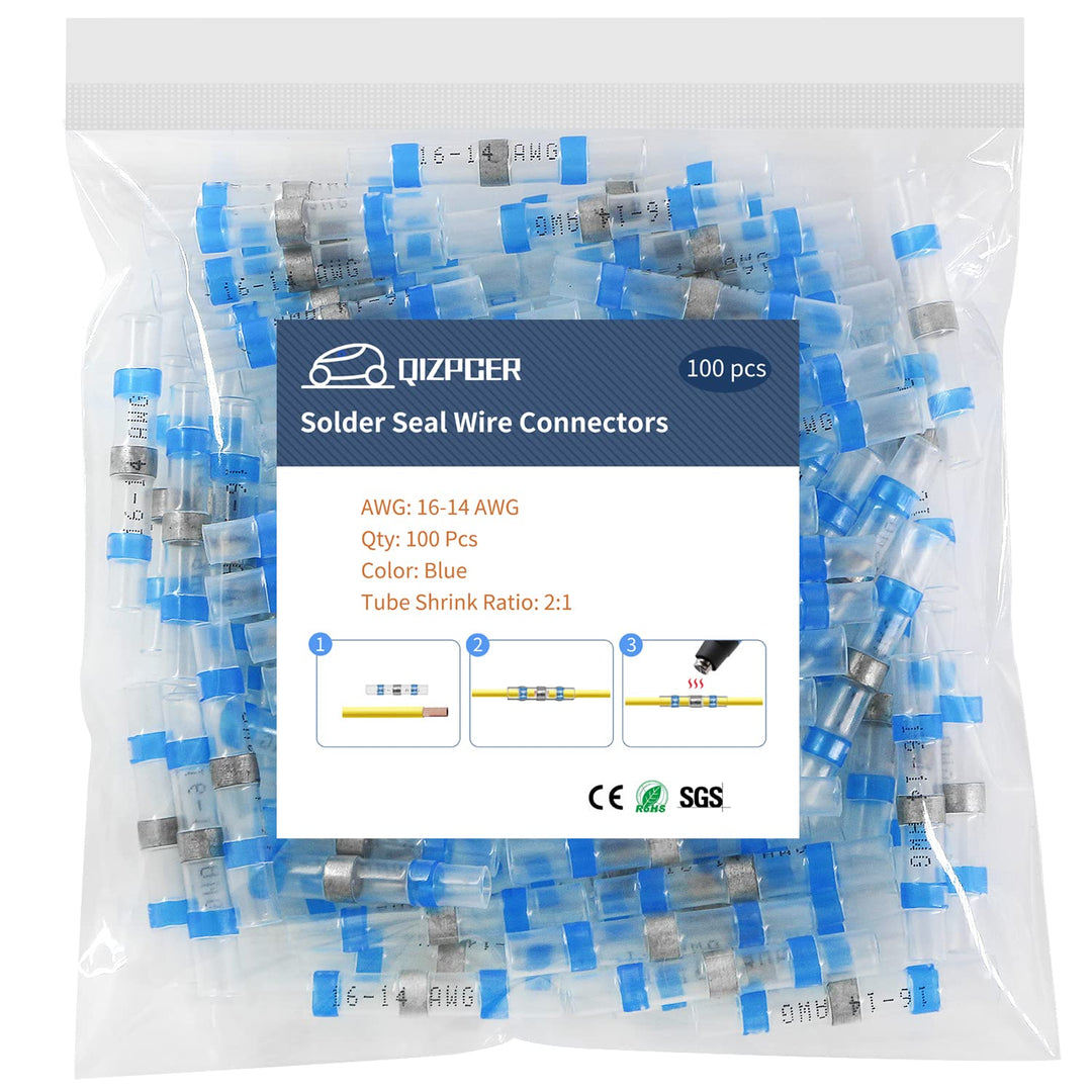 100 Pcs Solder Seal Wire Connectors, 16-14 AWG Heat Shrink Solder Connectors, Waterproof Electrical Wiring Butt Terminal