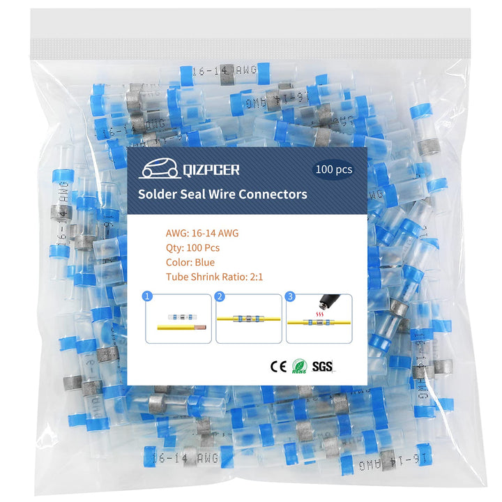 100 Pcs Solder Seal Wire Connectors, 16-14 AWG Heat Shrink Solder Connectors, Waterproof Electrical Wiring Butt Terminal