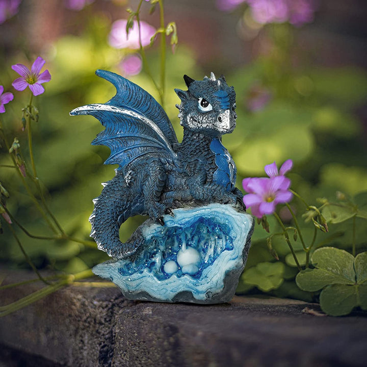 Blue Medieval Baby Dragon with Crystal Egg Nest Decorative Figurine
