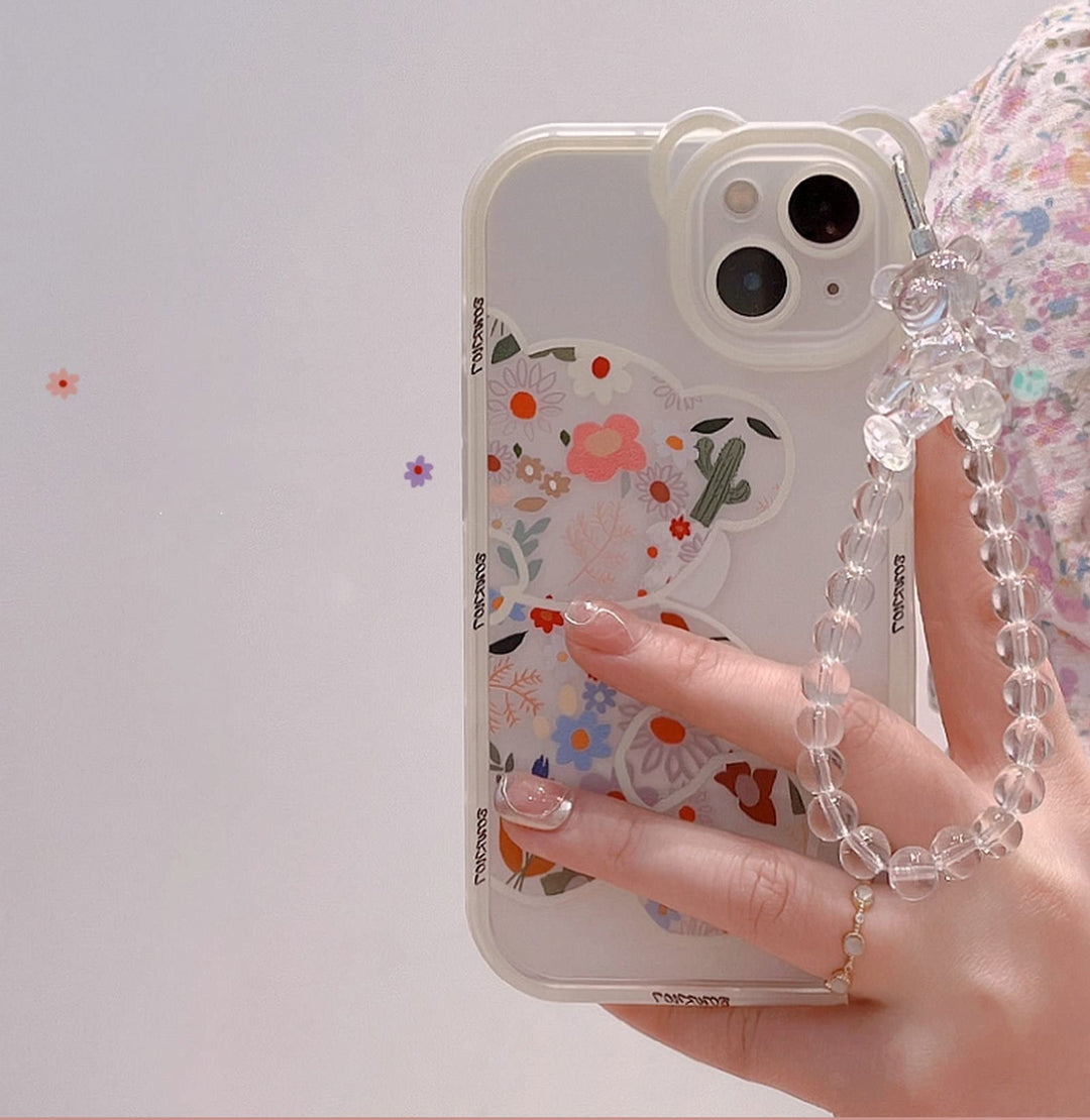 Compatible with iPhone 13 Pro Max Case, Cute Flowers Bear Camera Protector Clear Case with Lovely Strap Bracelet Chain Girls Women Case for iPhone 13 Pro Max