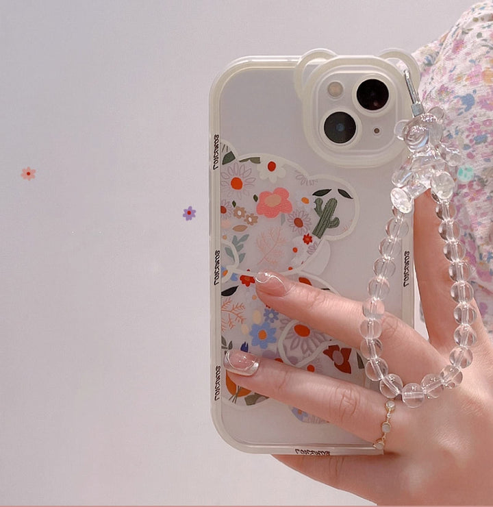 Compatible with iPhone 13 Pro Max Case, Cute Flowers Bear Camera Protector Clear Case with Lovely Strap Bracelet Chain Girls Women Case for iPhone 13 Pro Max