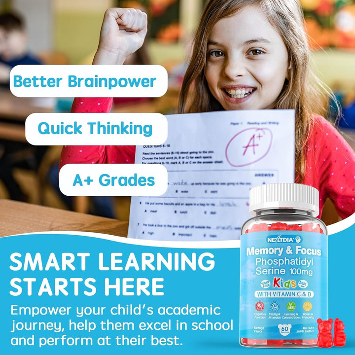 Phosphatidylserine Supplement 100mg, Focus Gummies for Kids Teens + Vitamin C &amp; D3 400IU, Sugar Free Kids Brain Gummies Increase Attention &amp; Concentration, Chewable, Vegan, Gluten Free, Non-GMO 2 Pack