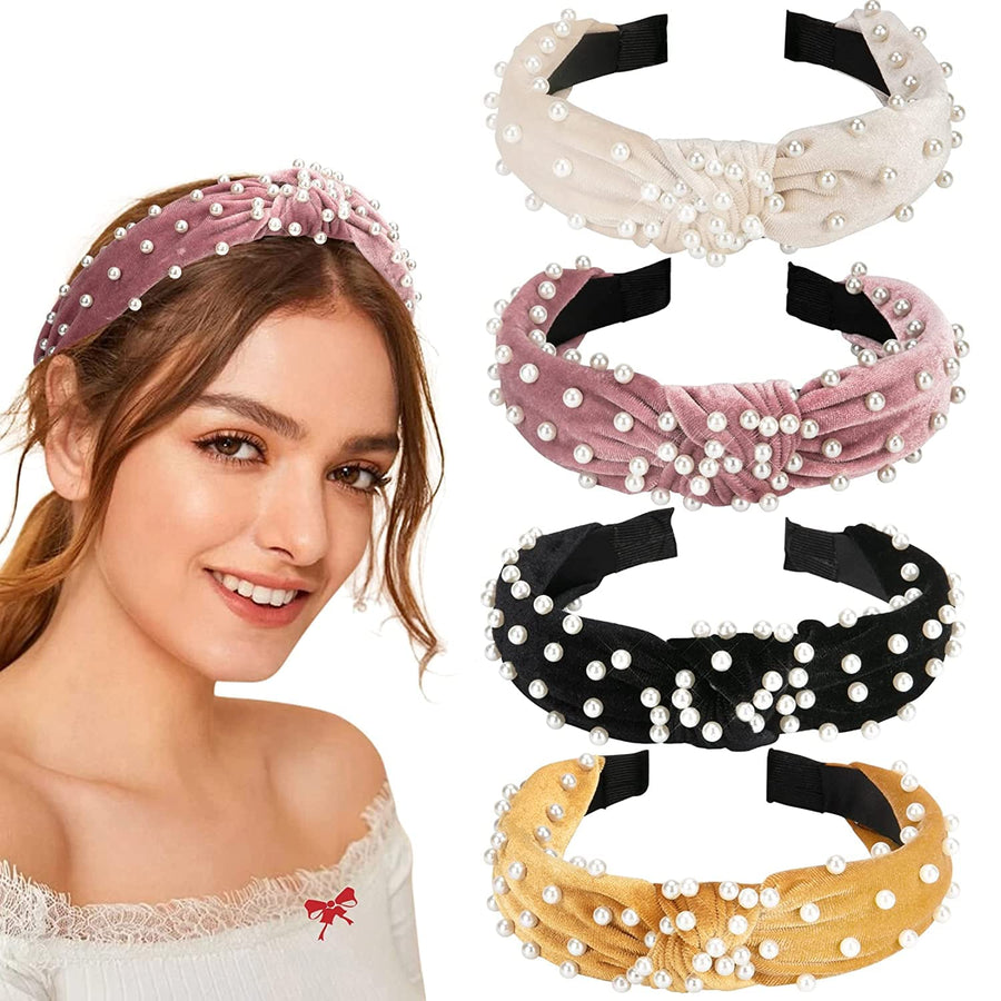 4 Pack Velvet Wide Headbands Knot Turban Hairband Vintage Head wrap with Faux Pearl Elastic Hair Hoops Fashion Hair Accessories for Women and Girls, Great Christmas gift(4 Colors)