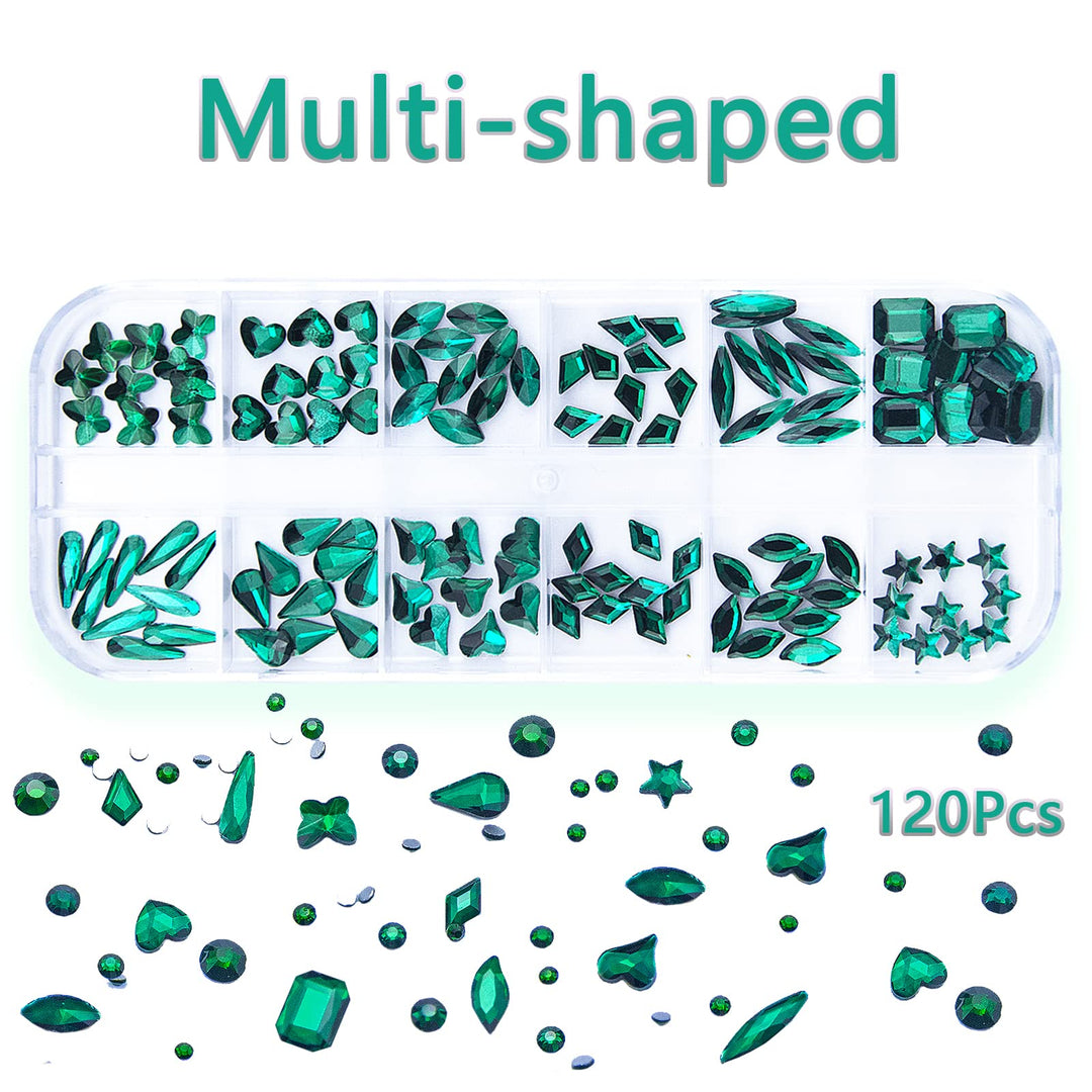 1920Pcs Emerald Green Rhinestones for Nails, Green Flatback Rhinestones Gems Crystals Glass Stones Multi Shapes Sizes Nail Rhinestones with Tweezers Pen for Nail DIY Crafts Clothes Shoes Jewelry