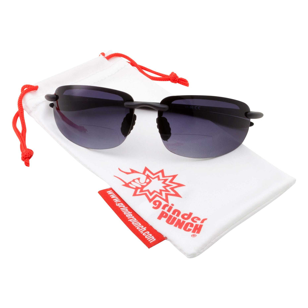 grinderPUNCH Mens Rimless Bifocal Reading Sunglasses Sports Wrap Reader Glasses, Black, +1.50