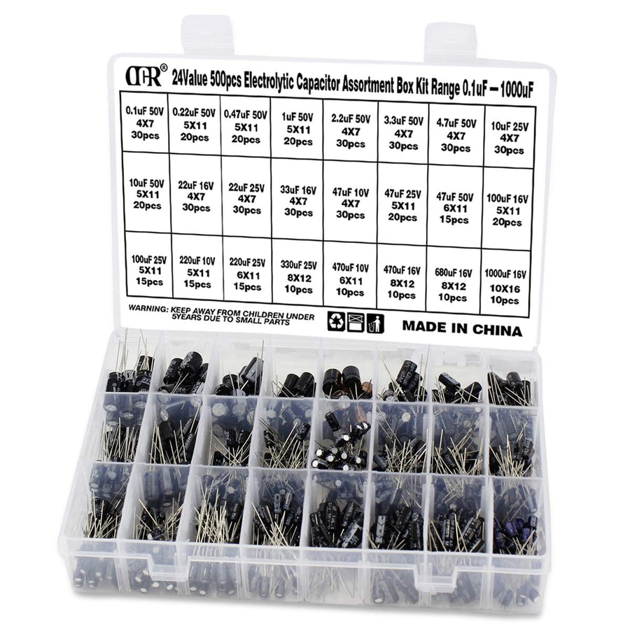 Capacitor Kit, 500Pcs 24 Values Aluminum Electrolytic Capacitor Kit, Range 0.1uF - 1000uF 10V - 50V Assortment Kit for Electronic Repairs on Circuit Boards