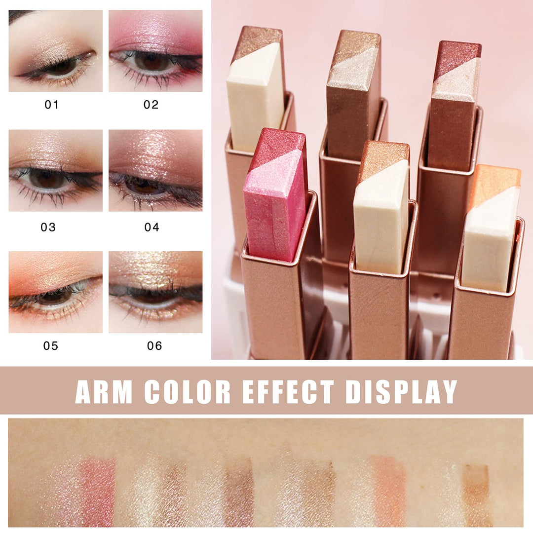 12 Colors Eyeshadow Stick, Double Colors Eye Shadow Stick, Glitter Shimmer Waterproof Gradient Eyeshadow Makeup Stick with Brush, Eyeshadow Brushing Eye Makeup for Eye makeup lovers, 6 Pack