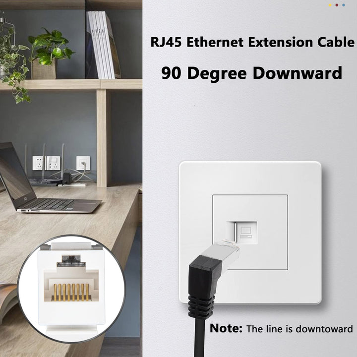 6.5Ft 90 Degree Cat5 Ethernet Panel Mount Cable, Down Angle RJ45 Male to Female Panel Mount CAT5e/5 Shielded Network LAN Extender Cord for Desk, Wall, Chassis Panel -Black-Down-2M