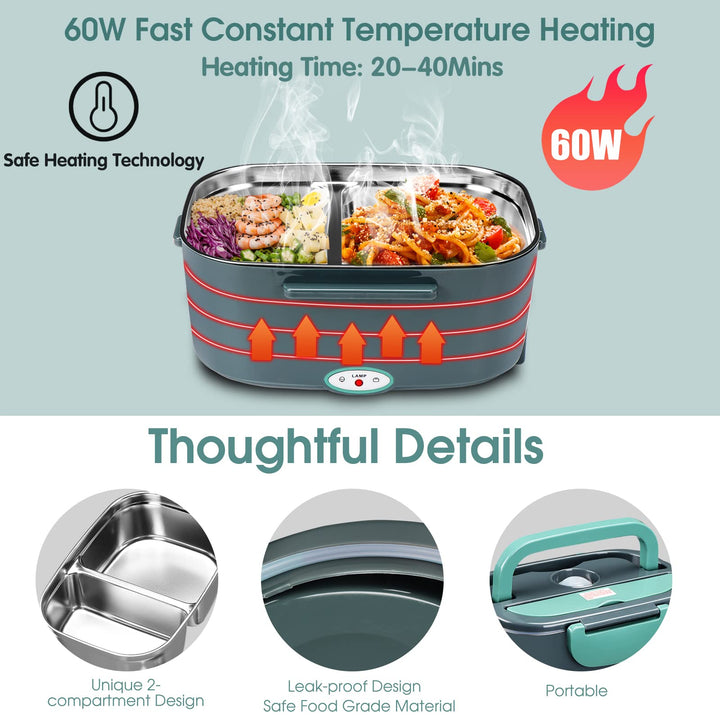 Electric Lunch Box 60W Food Heater, Upgraded 2 Compartments Portable Heated Lunch Box for Adults Car Truck Work Travel, Self Heating Lunch Box with 1.5L 304 SS Container, 110V/12V/24V