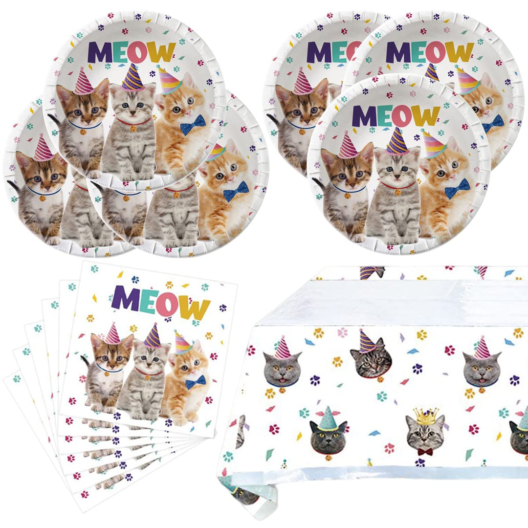 Cat Party Supplies Tableware,20 Plates and 20 Napkins and Tablecloth71 &#39;&#39; x 42 &#39;&#39;,Kids Cat Birthday Theme Party Decorate Supplies