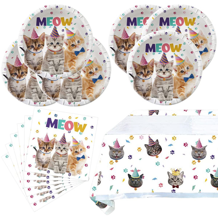 Cat Party Supplies Tableware,20 Plates and 20 Napkins and Tablecloth71 &#39;&#39; x 42 &#39;&#39;,Kids Cat Birthday Theme Party Decorate Supplies