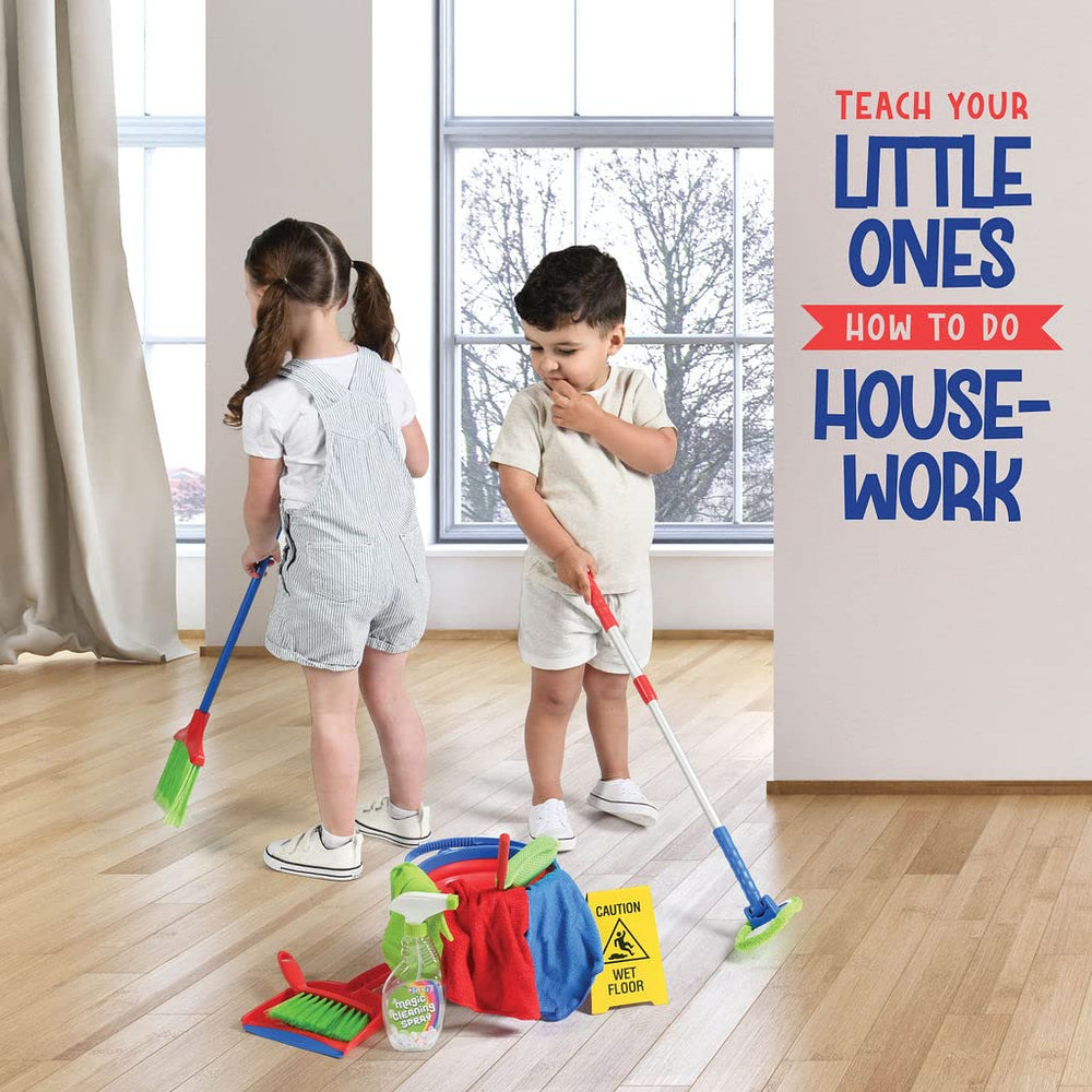 Kids Cleaning Set 12 Piece - Toy Cleaning Set Includes Broom, Mop, Brush, Dust Pan, Duster, Sponge, Clothes, Spray, Bucket, Caution Sign, - Toy Kitchen Toddler Cleaning Set - Original