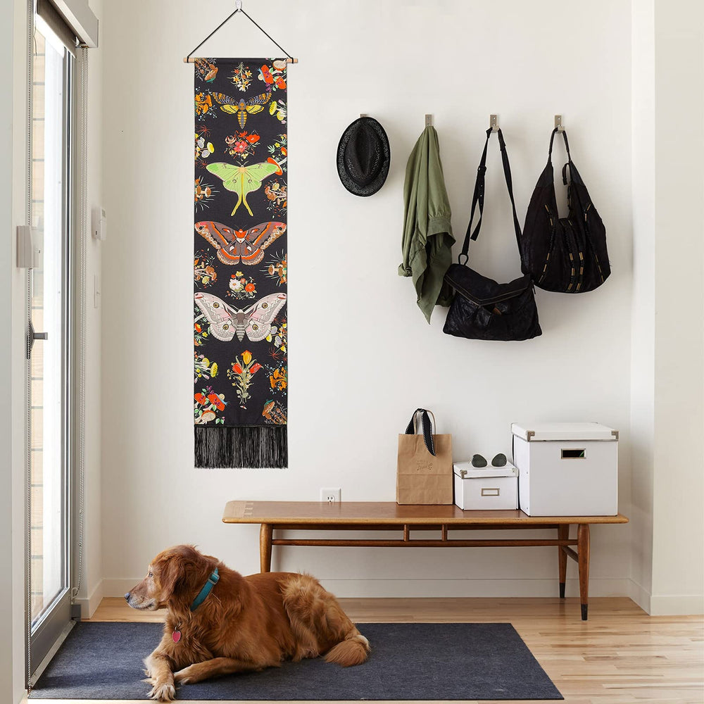 Butterfly and Plant Long Vertical Tapestry - 2 Pcs Small Wall Hanging Flower Tapestry for Bedroom Living Room Aesthetic Decor(Black and Beige,13.8 x 55.1)