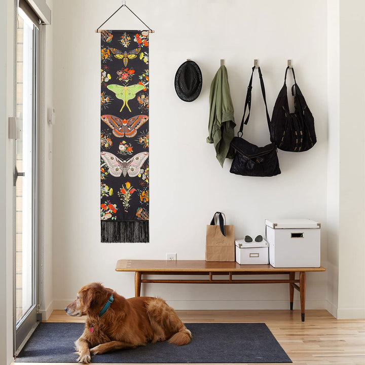 Butterfly and Plant Long Vertical Tapestry - 2 Pcs Small Wall Hanging Flower Tapestry for Bedroom Living Room Aesthetic Decor(Black and Beige,13.8 x 55.1)