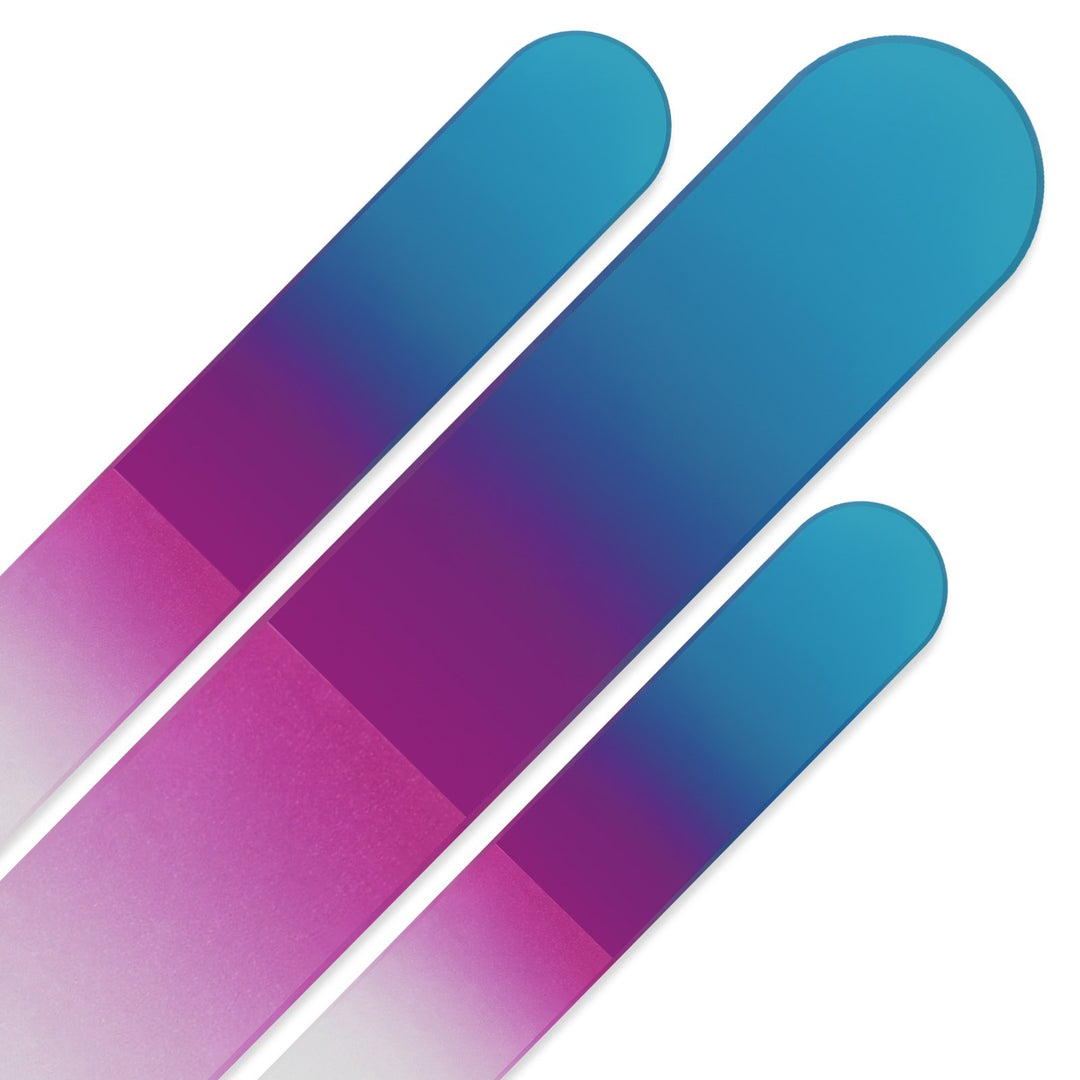 Blue Purple : Set of 3 Crystal Nail Files in Velvet Pouch, Rainbow Colors, Genuine Czech Tempered Glass, Lifetime Guaranty, Hand Made in Czech Republic