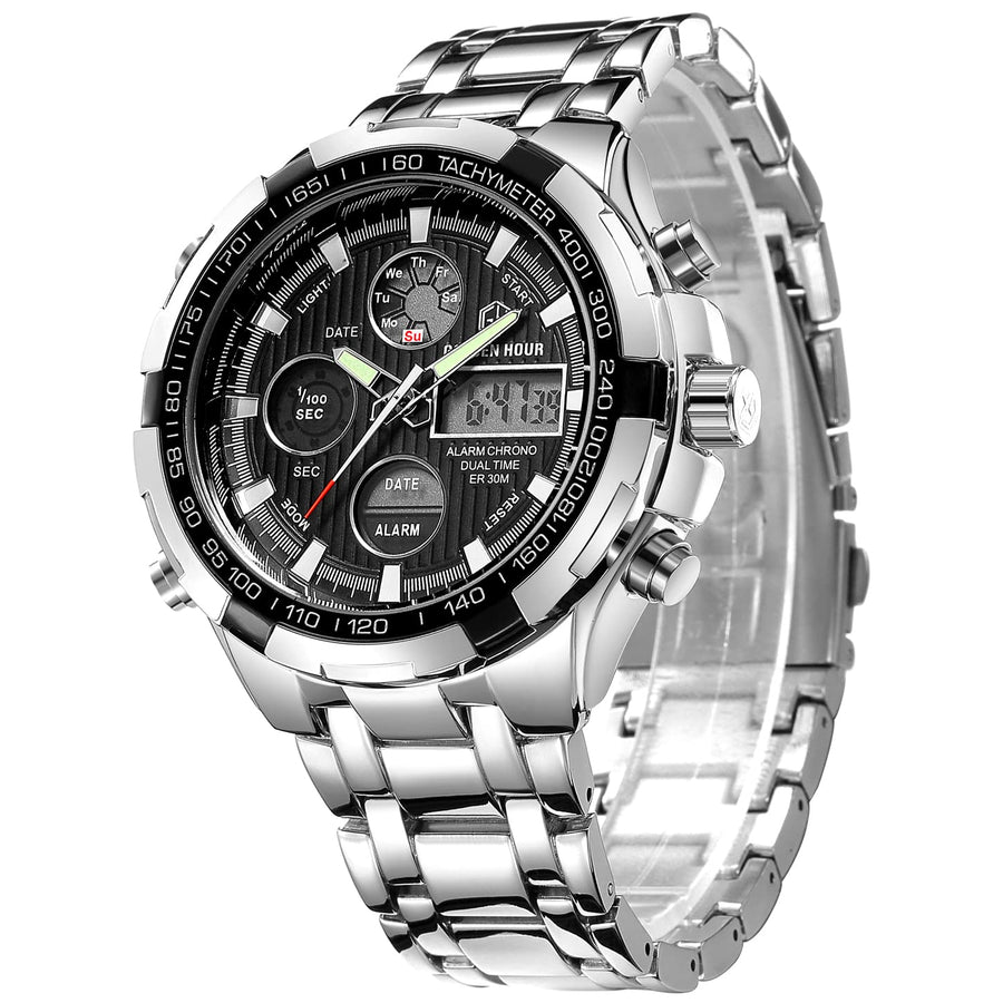 GOLDEN HOUR Luxury Stainless Steel Analog Digital Watch