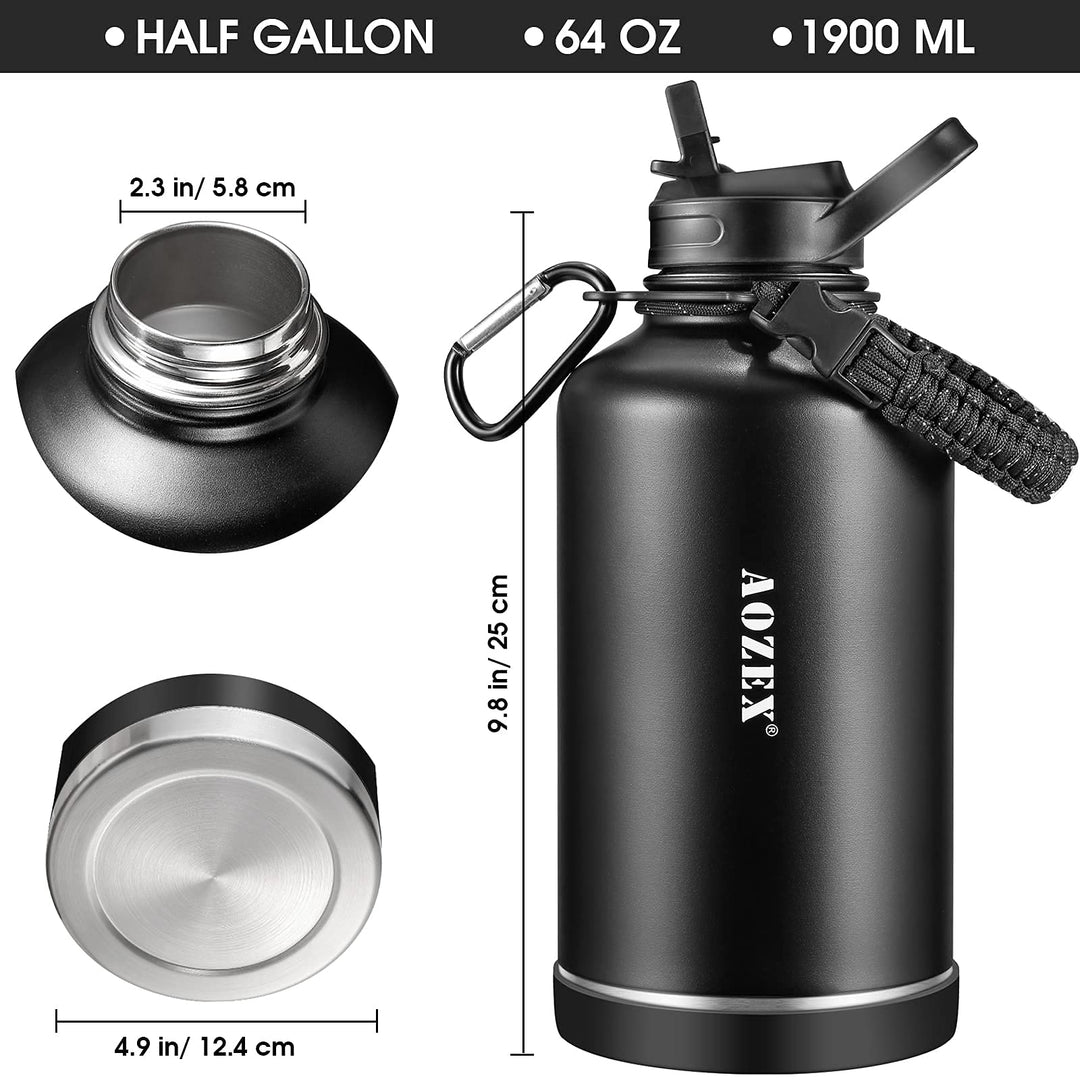 Half Gallon Insulated Water Bottle with Straw, 64 oz Stainless Steel Large Metal Water Bottle with Handle, Wide Mouth 1/2 Gallon Big Sports Water Bottle for Gym Workout Camping with Boot, Black