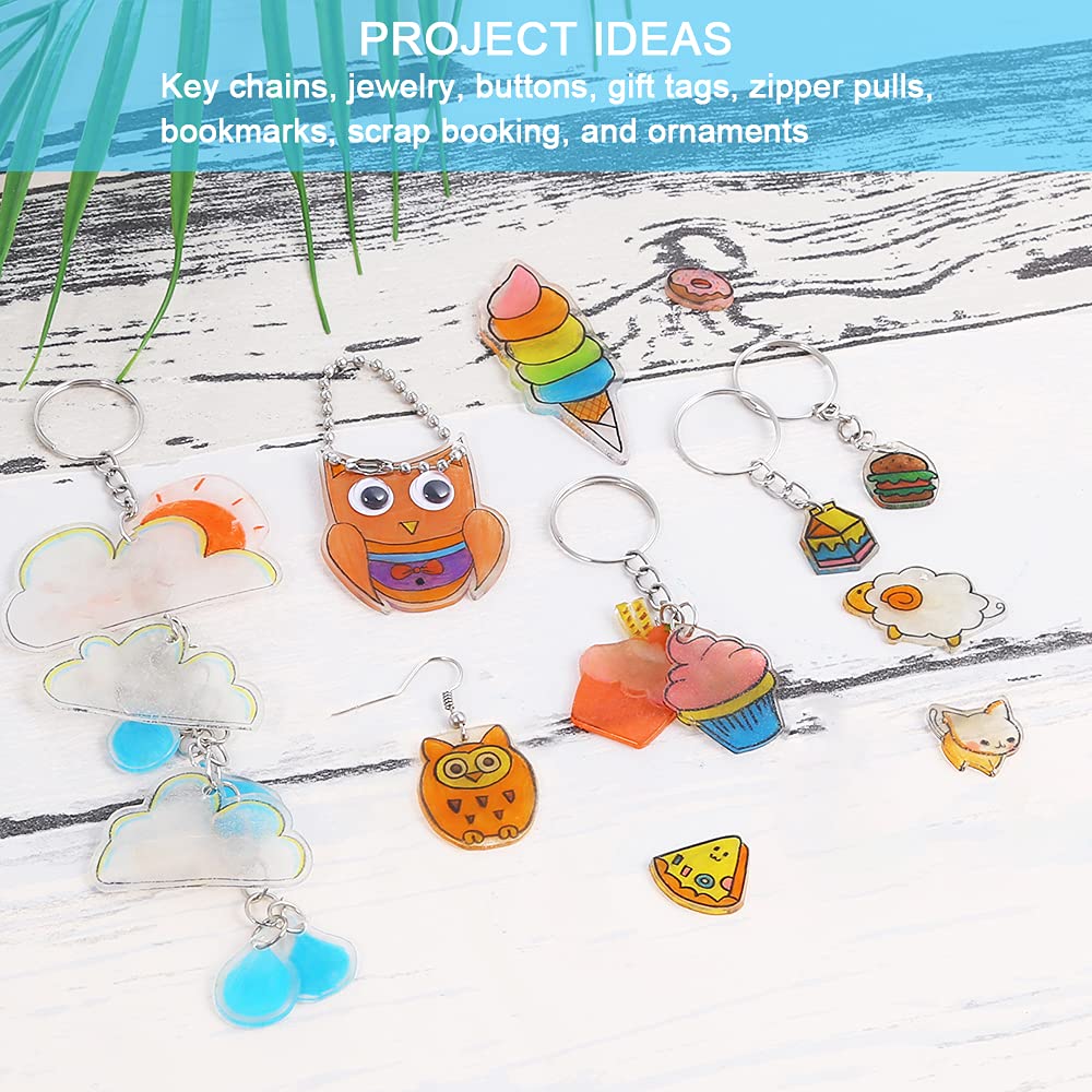 145 Pieces Shrink Plastic Sheet Kit Include 20 PCS Shrinky Paper with 125 PCS Keychains Accessories for Kids Creative Craft