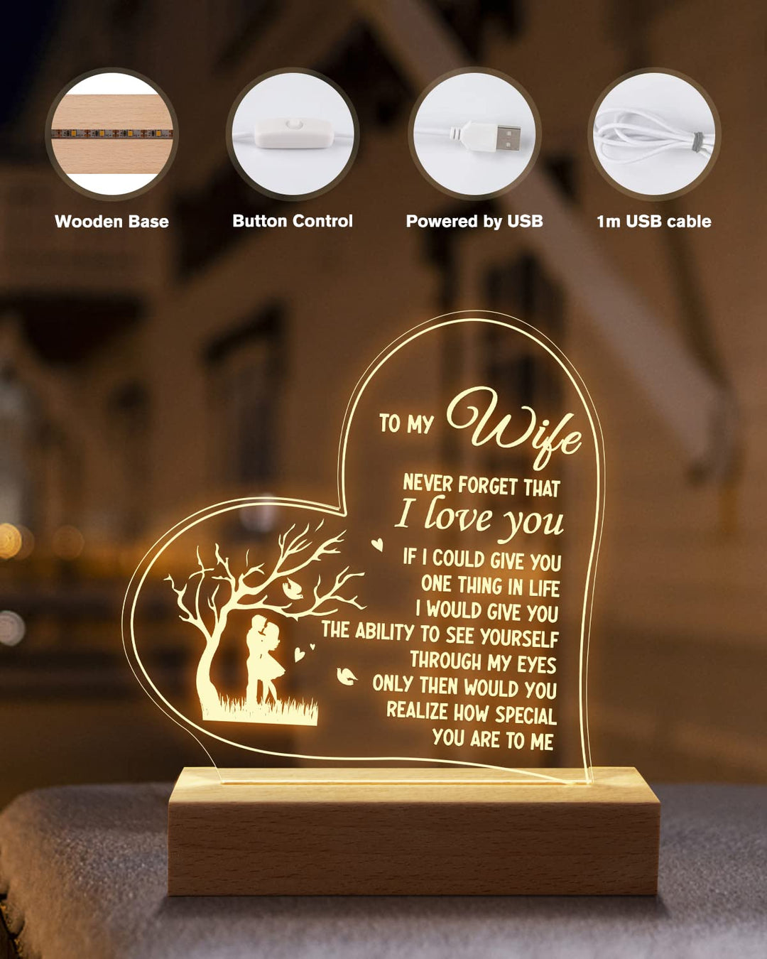 Calibron Mothers Day Gifts for Wife, Wife Birthday Gift Ideas 6.9 Inch Engraved Night Light Anniversary Birthday Gifts for Wife from Husband, Romantic Gifts for Her