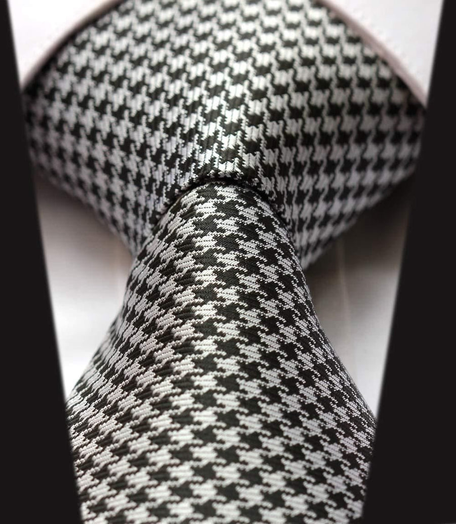 Handmade, Executive Wardrobe Accessory, Black and White (Tuxedo Color) Houndstooth 3.4 Silk Jacquard Woven Men's Necktie Tie