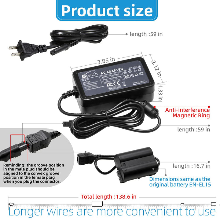 Glorich EP-5B DC Coupler EN-EL15 EN-EL15a Dummy Battery