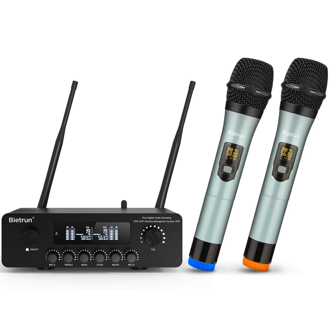 Wireless Microphone with Bluetooth&amp;Echo/Treble/Bass, 165 ft Range, UHF Dual Handheld Cordless Dynamic Mic System for PA System/AMP/Home TV Karaoke/Bluetooth Speaker/(1/4&#39;&#39;&amp;1/8‘’AUX Interface)