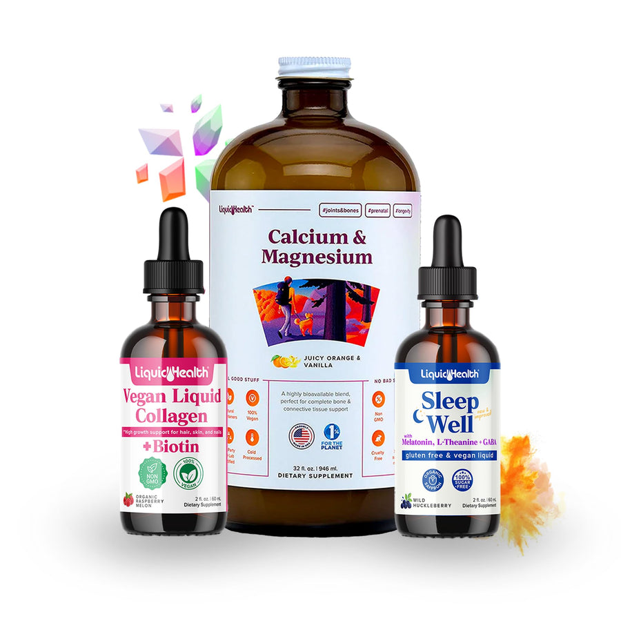 Vegan Beauty Sleep Liquid Vitamin Supplement Bundle with Vegan Liquid Collagen + Biotin, Calcium Magnesium Liquid Vitamins, Sleep Well Melatonin Drops - Hair/Skin/Nail Health & Relaxation