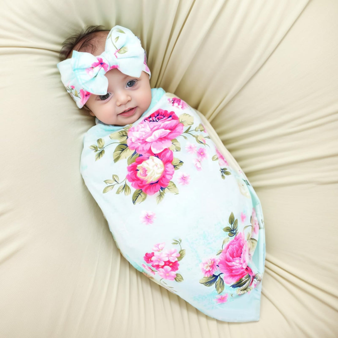 Receiving Blanket Headband Set Flower Print Baby Swaddle Receiving Blankets
