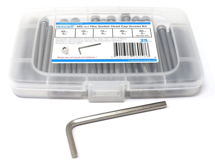25 Pcs M5 x 60/65/70/75/80mm Thread Pitch 0.8 mm Stainless Steel 304 Hex Socket Head Cap Screws Bolts Assortment Kit