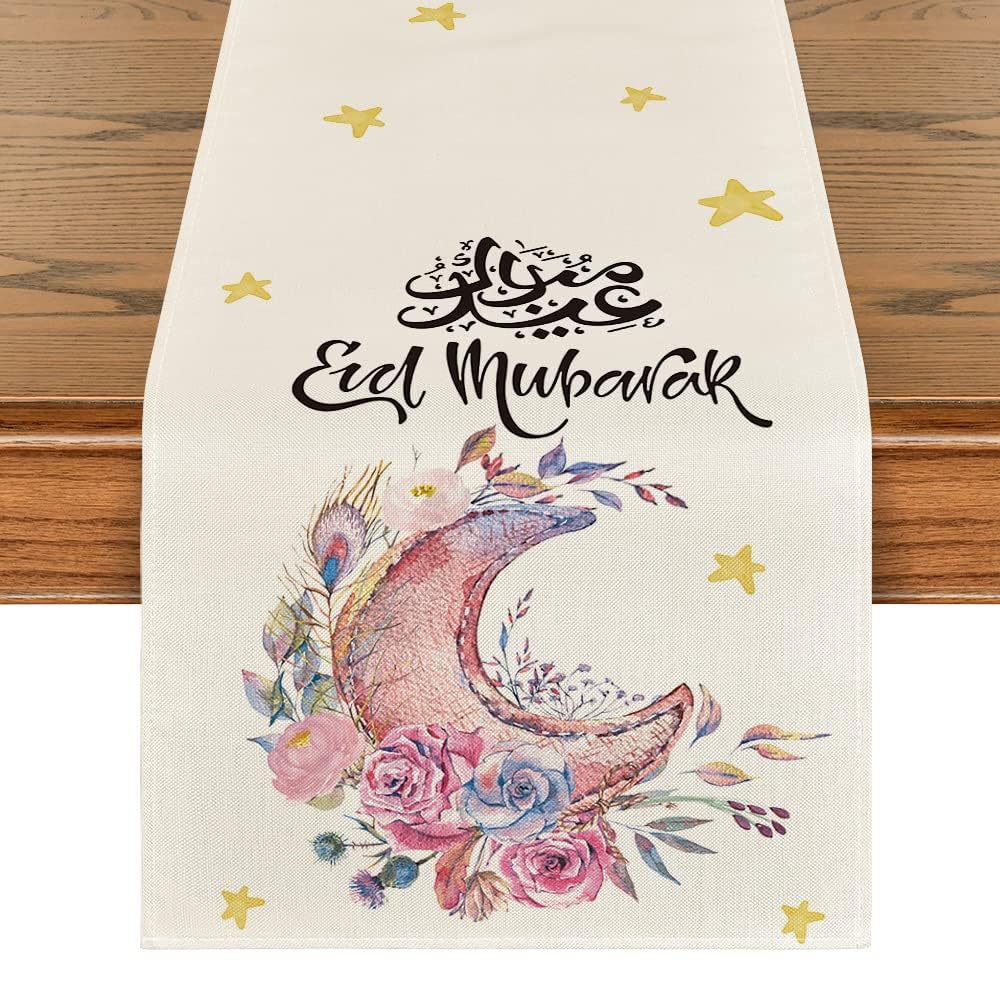 Pink Moon Flowers Stars Ramadan Eid Table Runner, Seasonal Summer Holiday Kitchen Dining Table Runners for Home Party Decor 13 x 72 Inch