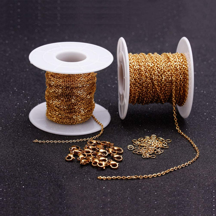 33 Feet 18K Gold Stainless Steel Flat Cable Chains Link Spool Bulk with 20 Lobster Clasps and 50 Jump Rings for Pendant Necklace Jewelry DIY Making