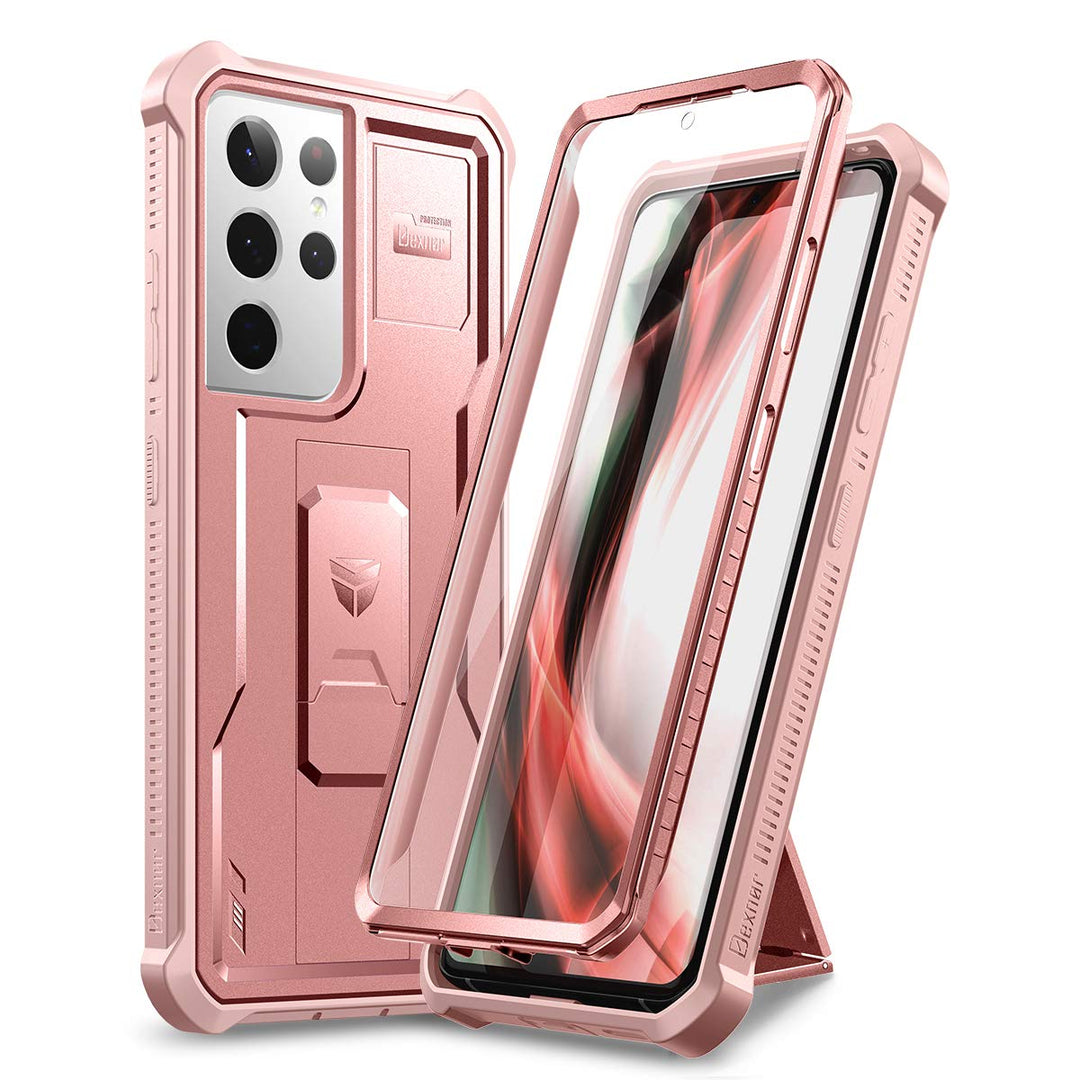 for Samsung Galaxy S21 Ultra Case, [Built in Screen Protector and Kickstand] Heavy Duty Military Grade Protection Shockproof Protective Cover for Samsung Galaxy S21 Ultra 5G, 6.8 inch Rose Gold