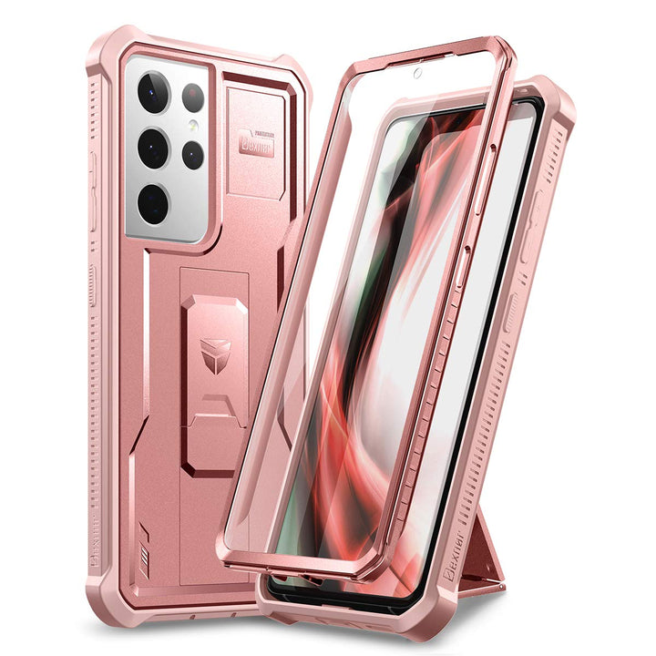 for Samsung Galaxy S21 Ultra Case, [Built in Screen Protector and Kickstand] Heavy Duty Military Grade Protection Shockproof Protective Cover for Samsung Galaxy S21 Ultra 5G, 6.8 inch Rose Gold