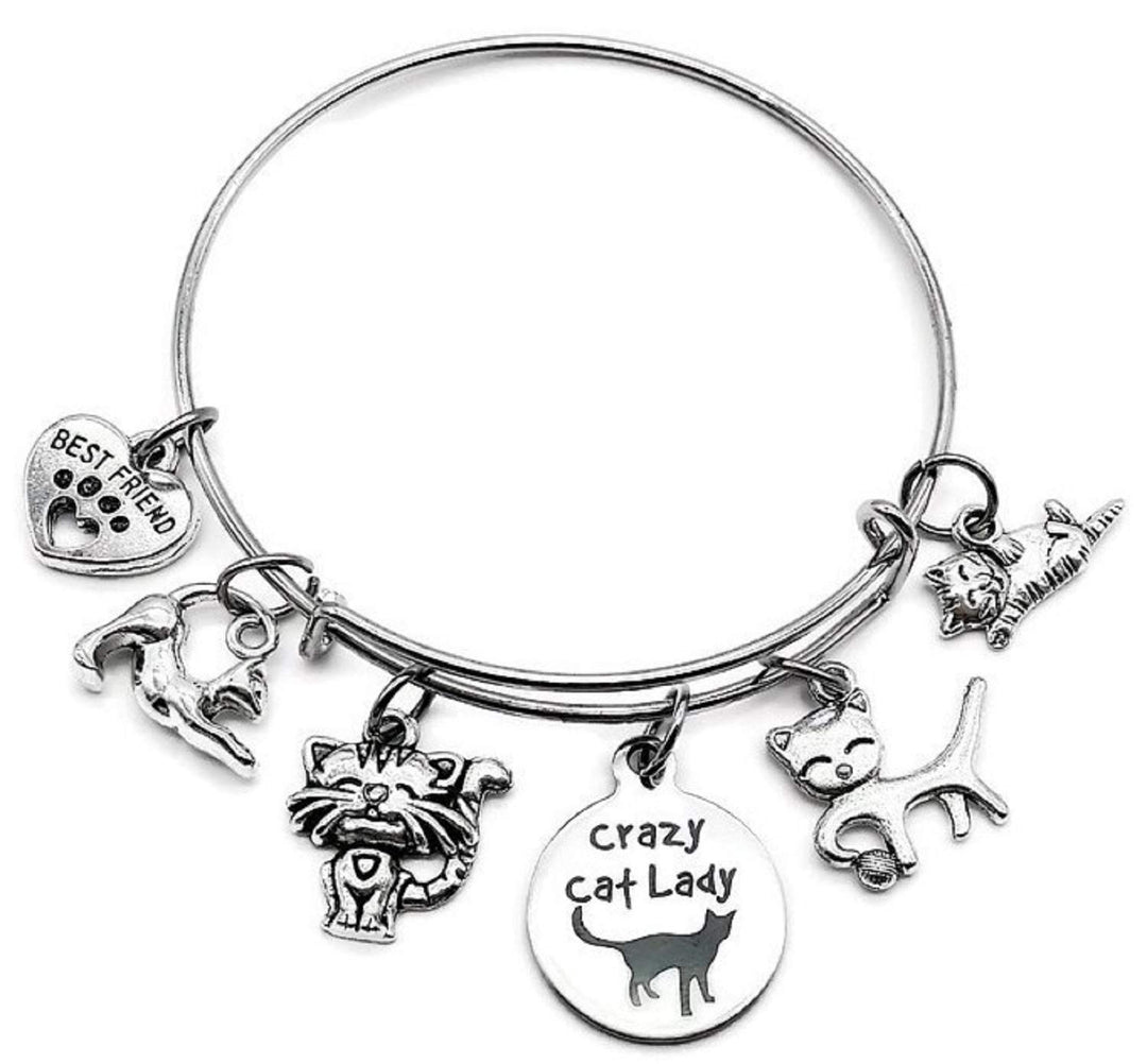 Cat Bracelet, Pets Bracelet, Kitty Cat Bracelet, Crazy Cat Lady Bracelet, Cat Mom, Cat Charm, Best Friend Bracelet, Cat Paw Print Bracelet, Gift for Cat Lover, Cat Jewelry, Cat Bangle Bracelet