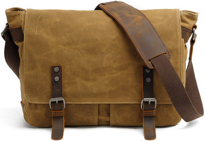 Mens Waxed Canvas Messenger Bag Shoulder Satchel Leather Crossbody Bag for Laptop (M49_Khaki)