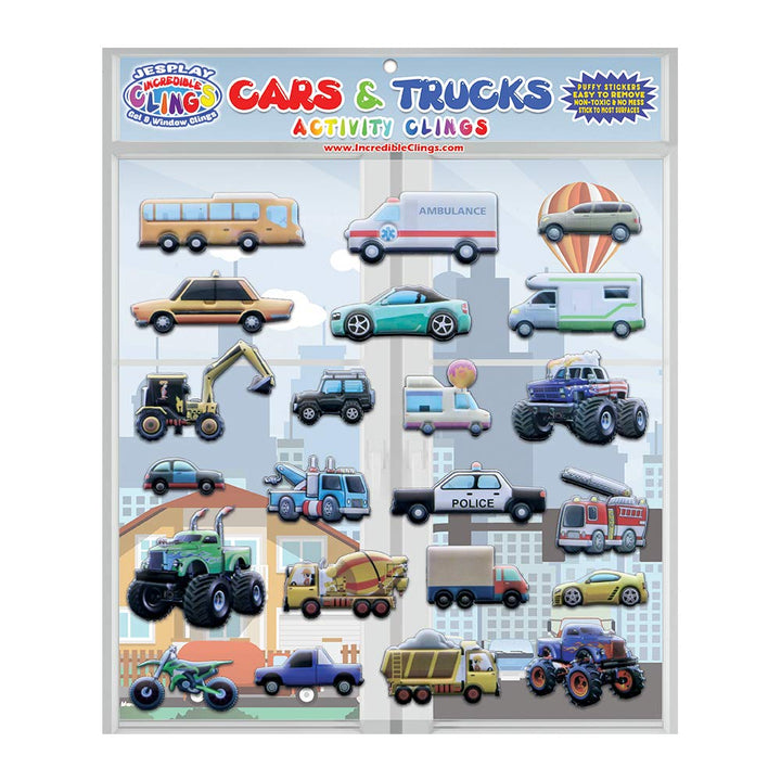Cars and Trucks Window Clings for Kids &amp; Toddlers (by Jesplay USA - Reusable Window Stickers Gels &amp; Decals) Puffy Sticker Activites for Car Plane Home - Police, Race Cars, Monster, Tow, Fire Truck