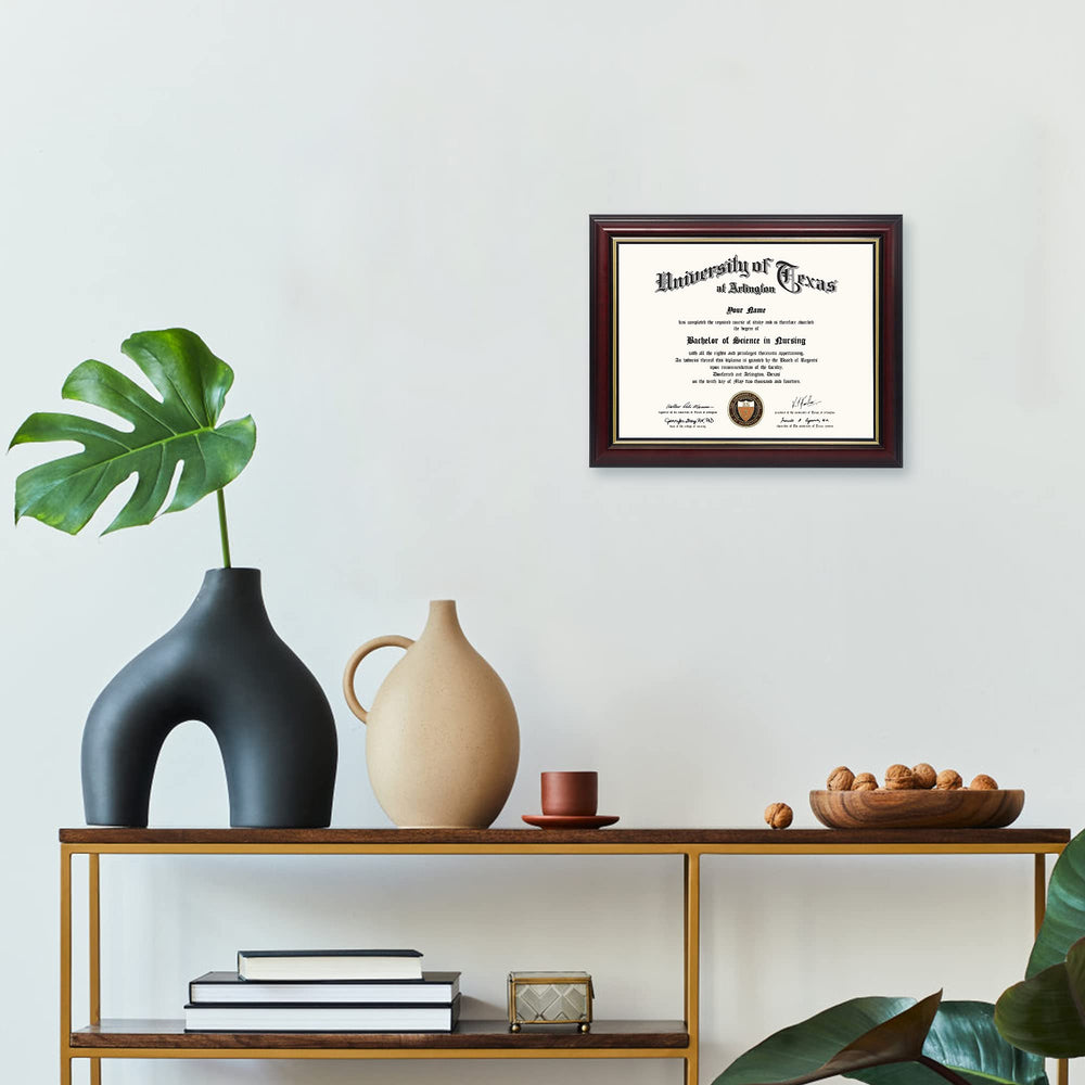 8.5x11 Certificate Diploma Frame,Solid Wood & UV Protection Acrylic,Cherry Finish with Gold Trim